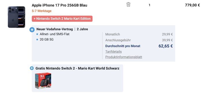 🔥Fehler? 📱Apple iPhone 17 Pro + Switch 2 für 779€ statt 1.148€ + Vodafone 20GB für 29,99€ mtl. + 100€ Bonus