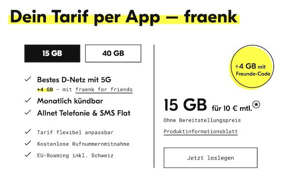 🔥 fraenk: Telekom 5G Allnet Flat mit 15GB nur 10€ mtl. oder 40GB für 15€ mtl.