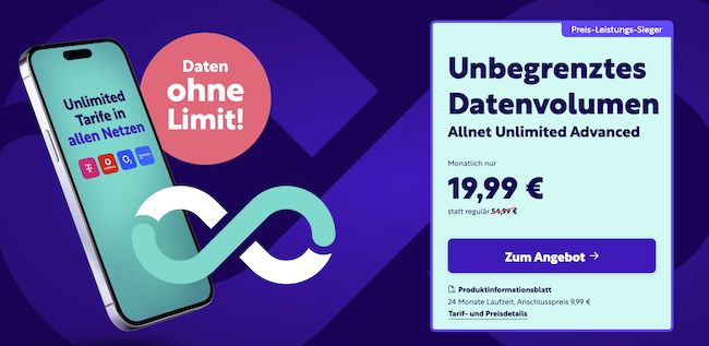 📲 Unlimited Mobile 🔥 unlimitiertes Datenvolumen inkl. Allnet Flat ab 14,99€ mtl.