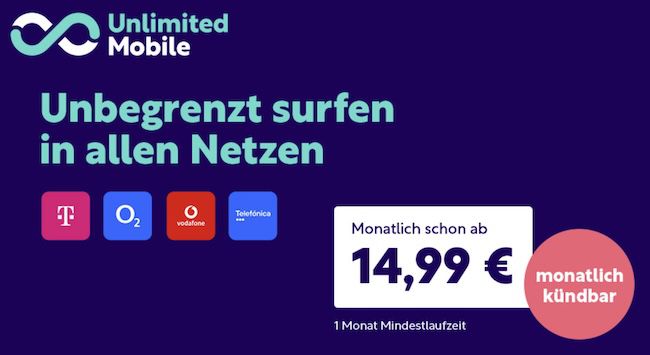 📲 Unlimited Mobile 🔥 unlimitiertes Datenvolumen inkl. Allnet Flat ab 14,99€ mtl.