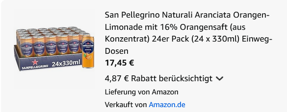 đ 24x San Pellegrino Naturali Aranciata ab 17,45⏠(statt 28âŹ) - 0,72⏠pro Dose đ 24x San Pellegrino Naturali Aranciata ab 17,45⏠(statt 28âŹ) 0,72⏠pro Dose