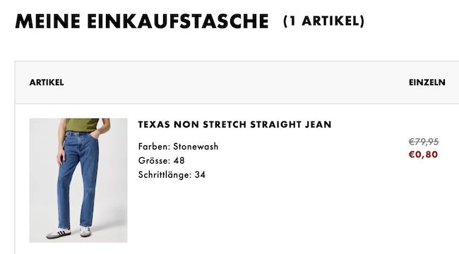 🚨 Rabatt Fehler 👖 ALLES nur 0,80€ im Wrangler Onlineshop