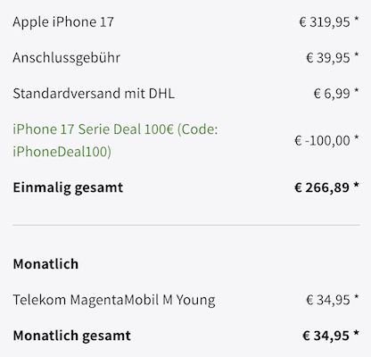 🔥 Knaller für Junge (bis 28) 🍏 Apple iPhone 17 für 219,95€ + Telekom 100GB Allnet 34,95€ mtl.