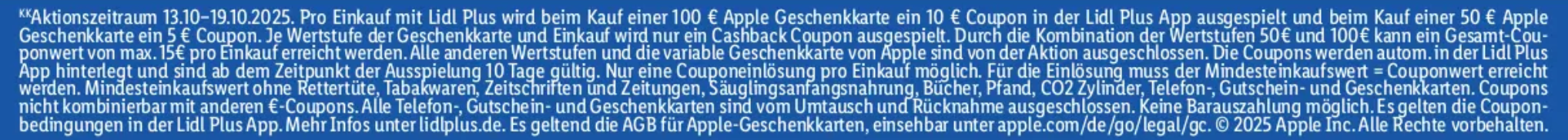 🍏 Tipp: LIDL ab 13.10. Apple Geschenkkarten bis 150€ mit 15€ Cashback
