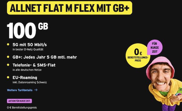 🔥🔥 Telekom Allnet Flat mit 100GB 5G/LTE für 21,60€ mtl. + 0€ AG + monatlich kündbar
