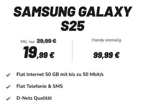 🔥 Galaxy Tab A11 GRATIS dazu 📱 Samsung Galaxy S25 für 99,99€ + Vodafone 50GB Allnet für 19,99€ mtl