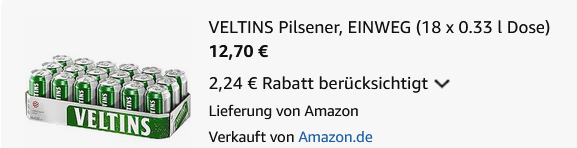 🍻 18er Pack VELTINS Pilsener, 0,33L Dose ab 12,70€ (statt 14€)