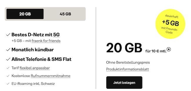 🔥 fraenk: Telekom 5G Allnet-Flat mit 20GB nur 10€ mtl. oder 45GB für 15€ mtl. 🔥 fraenk: Telekom 5G Allnet Flat mit 20GB nur 10€ mtl. oder 45GB für 15€ mtl.
