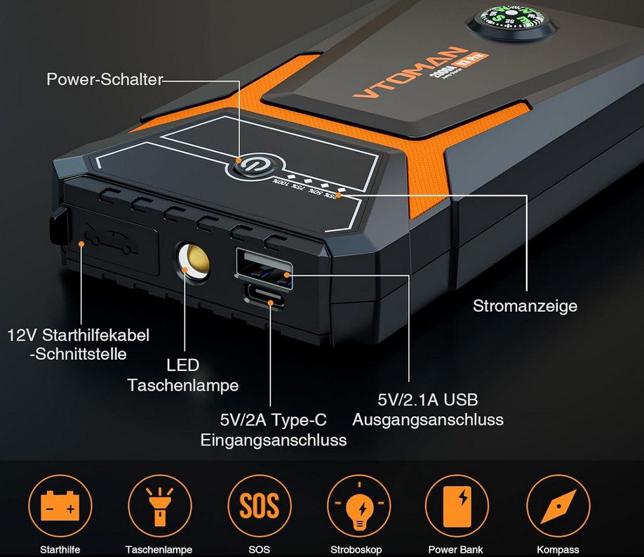 🔋 VTOMAN V3PRO Starthilfe mit 2.000A für 26€ (statt 34€)