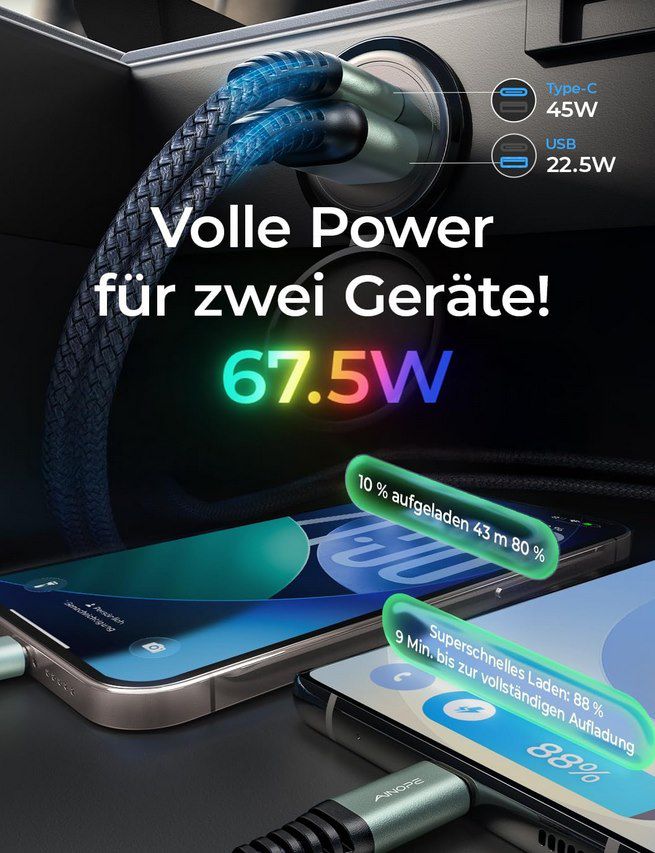 ⚡ Ainope 2 Port USB C KFZ Zigarettenadapter mit 67W für 4,49€ (statt 11€)