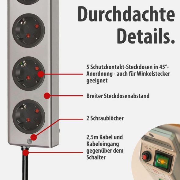 🔌 Brennenstuhl Super Solid 5 Fach Steckdosenleiste, 2,5m für 15,69€ (statt 23€)