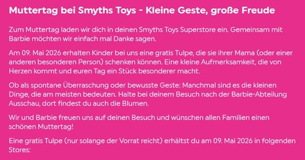 Gratis: Am 09.05.2026 Muttertag bei Smyths Toys