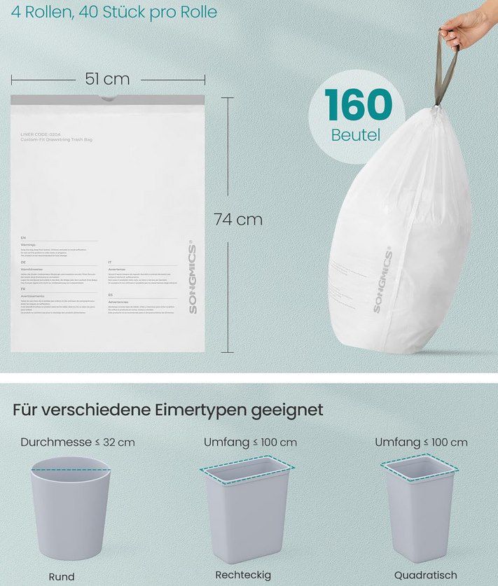 🗑️ 160 SONGMICS belastbare 30L Müllbeutel (bis 10kg) mit Zugband für 16,49€ (statt 28€)