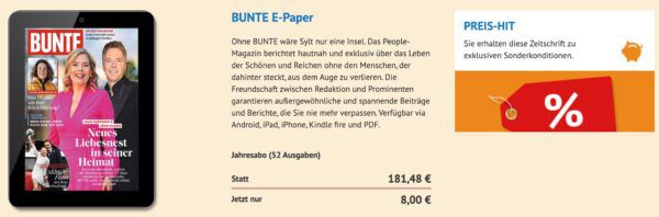 🔥 BUNTE E Paper Jahreabo ➡️ direkt nur 8€ (statt 80€)