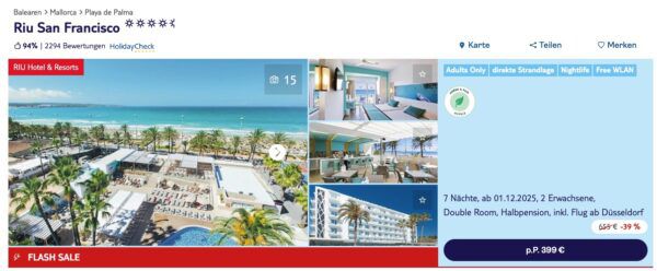 🔆 TUI Flash Sale 🏖️ Bis 40% Rabatt ➡️ z.B. Mallorca 7 Nächte 4,5 Sterne Riu Hotel ab 399€ p.P.