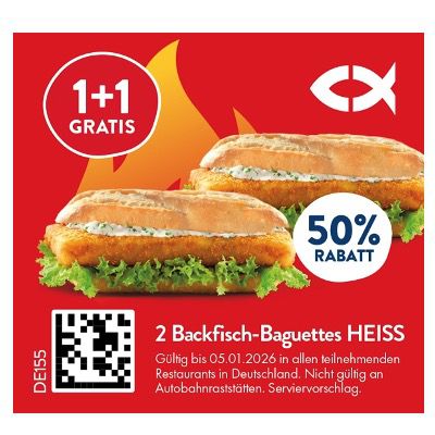 🎟️ Nordsee Gutscheine auch als PDF zum Download 🐟 z.B. 2 Backfisch-Baguettes 50% Rabatt