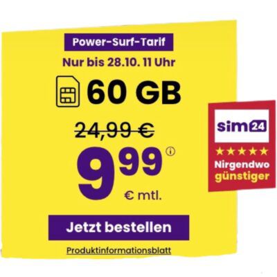 📲 sim24 Allnet-Flat mit 60GB 5G für 9,99€ mtl. + monatlich kündbar! 📲 sim24 Allnet Flat mit 60GB 5G für 9,99€ mtl. + monatlich kündbar!