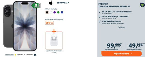🍏 Apple iPhone 17 & AirPods 4 ANC für 99€ + Telekom Allnet 50GB ➡️ für 49,95€ mtl. + 150€ Bonus