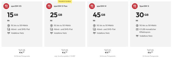 📲 Neu: Sparhandy SparSIM Vodafone Tarife ➡️ z.B. Allnet mit 15GB für 4,99€ mtl.