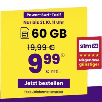📲 sim24 Allnet Flat mit 60GB 5G für 9,99€ mtl. + monatlich kündbar!