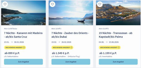 🚢 TUI Cruises Mein Schiff Wochenendangebote 🏝️ z.B. 19 Nächte Transozean ab 1.199€ p.P.