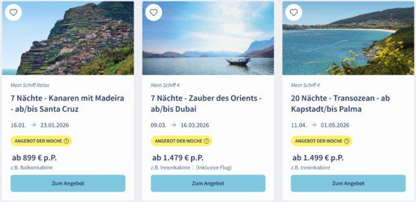 🚢 TUI Cruises Mein Schiff Wochenendangebote 🏝️ z.B. 19 Nächte Transozean ab 1.199€ p.P.