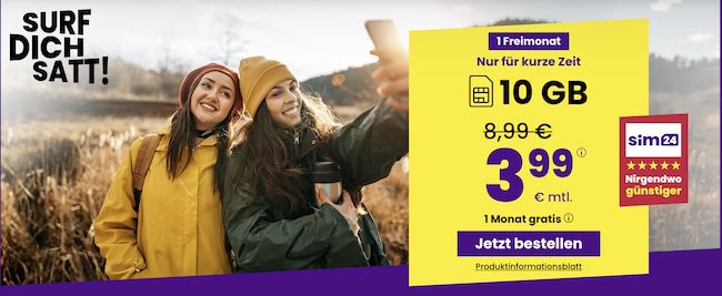 📲 sim24 Allnet Flat mit 10GB 5G für 3,99€ mtl. + monatlich kündbar!