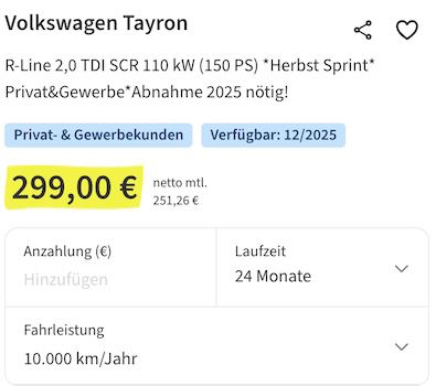 🚗 Volkswagen Tayron R Line 2.0 TDI mit 150 PS für 299€ mtl.   LF: 0.55