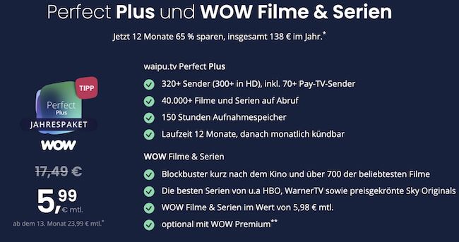 🔥 Nur 5,99€ mtl. 📺 65% Rabatt auf waipu.tv inkl. WOW Filme & Serien 🔥 Nur 5,99€ mtl. 📺 65% Rabatt auf waipu.tv inkl. WOW Filme & Serien