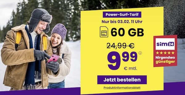 📲 sim24 Allnet-Flat mit 60GB 5G für 9,99€ mtl. + monatlich kündbar! 📲 sim24 Allnet Flat mit 60GB 5G für 9,99€ mtl. + monatlich kündbar!