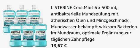 6er Pack Listerine Cool Mint antibakterielle Mundspülung 500ml für 13,67€ (statt 22€)