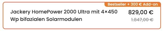 ⚡️ Jackery HomePower 2000 Ultra inkl. 4x 450 Wp bifazialen Solarmodulen für 829€ (statt 989€)
