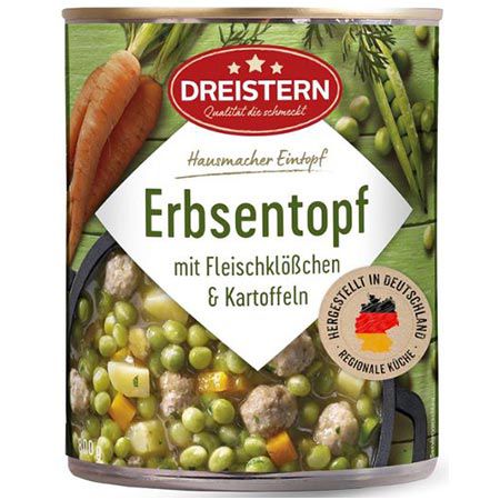 🍲 Dreistern Erbsentopf mit Fleischbällchen & Kartoffeln, 800g ab 2,84€ (statt 4€)
