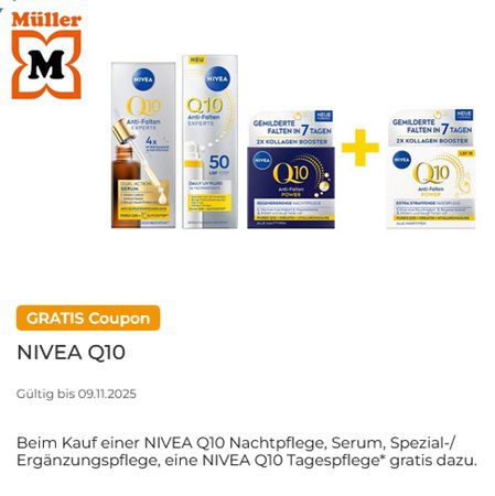 Couponplatz: 1x NIVEA Q10 Nachtpflege, Serum, Spezial-/Ergänzungspflege kaufen, 1x NIVEA Q10 Tagespflege gratis dazu Couponplatz: 1x NIVEA Q10 Nachtpflege, Serum, Spezial /Ergänzungspflege kaufen, 1x NIVEA Q10 Tagespflege gratis dazu