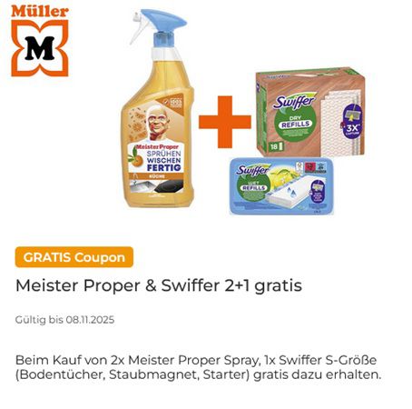 🧹 Couponplatz: 2x Meister Proper Spray kaufen, 1x Swiffer S-Größe (Bodentücher, Staubmagnet, Starter) gratis dazu 🧹 Couponplatz: 2x Meister Proper Spray kaufen, 1x Swiffer S Größe (Bodentücher, Staubmagnet, Starter) gratis dazu