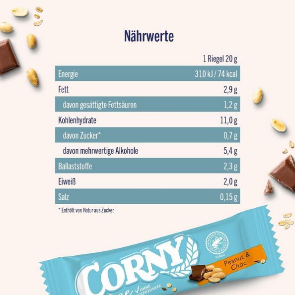 🍫 60er Pack Corny free Erdnuss Schoko Müsliriegel ab 16,24€ (statt 20€)