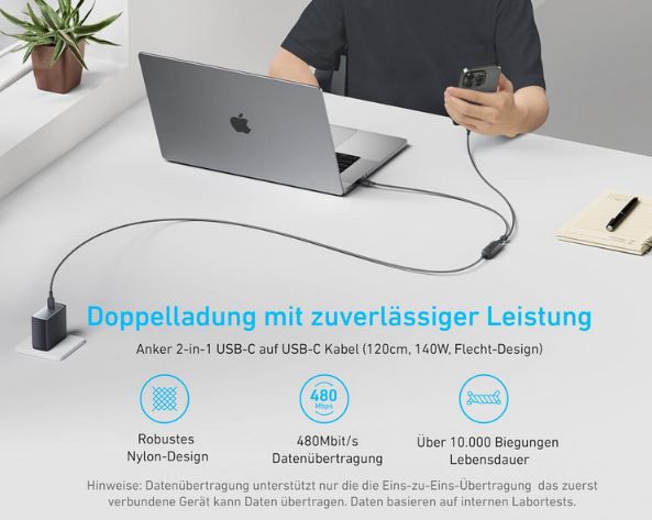 🔌 Anker USB C auf Dual USB C Kabel, 140W Max für 9,99€ (statt 20€)