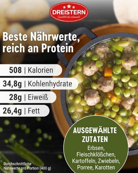 🍲 Dreistern Erbsentopf mit Fleischbällchen & Kartoffeln, 800g ab 2,84€ (statt 4€)