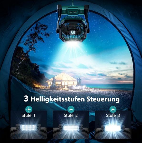 💨 PDBEST Akku Ventilator mit LED Laterne + Ladefunktion für 16,80€ (statt 27€)