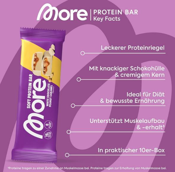 🍫 10er Pack MORE White Chocolate Peanut Caramel Protein Bar ab 20,42€ (statt 29€)