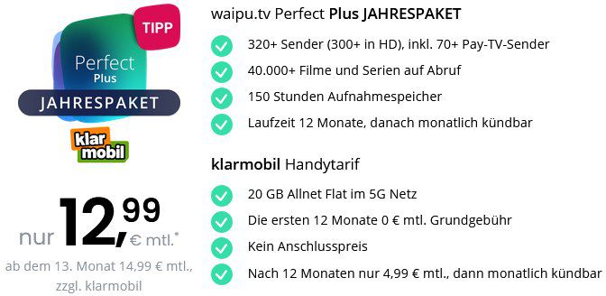 🤩 GRATIS 20GB 5G Vodafone Tarif durch 📺 waipu Perfect Plus für 12,99€ mtl