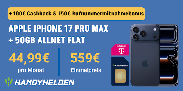 🍏 Apple iPhone 17 Pro Max für 559€ + Telekom Allnet 50GB für 44,99€ mtl. + 250€ Bonus 🍏 Apple iPhone 17 Pro Max für 559€ + Telekom Allnet 50GB für 44,99€ mtl. + 250€ Bonus