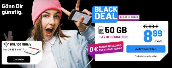 🔥 Sim.de Black Deal! Allnet Flat mit 50GB 5G ➡️ für 8,99€ mtl. + keine Anschlussgebühr