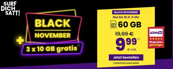 📲 sim24 Black November: Allnet-Flat mit 60GB 5G für 9,99€ mtl. + monatlich kündbar! 📲 sim24 Black November: Allnet Flat mit 60GB 5G für 9,99€ mtl. + monatlich kündbar!