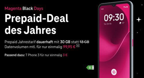 📱T Phone 3 für 3€ mit Prepaid Jahrestarif Telekom Allnet inkl. 360GB ➡️ für 99,95€ + 100€ Startguthaben