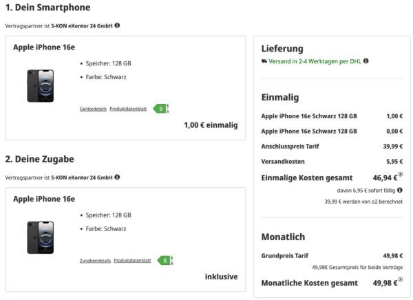 🍏🍏 2x Apple iPhone 16e 128GB 📱📱 für 1€ + 2x o2 300GB für zusammen 49,98€ mtl. 💥 🍏🍏 2x Apple iPhone 16e 128GB 📱📱 für 1€ + 2x o2 300GB für zusammen 49,98€ mtl. 💥
