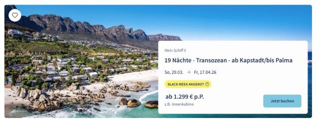 🚢 TUI Cruises Mein Schiff Black Week ☀️ Mittelmeer, Westeuropa, Event  und Transreisen