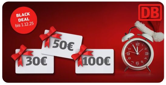 🚂 Bahn Black Deal: 10 % Rabatt auf DB Geschenkgutscheine   30€, 50€ oder 100€