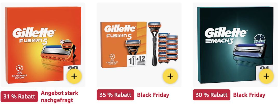 🔝🤑🪒 Amazon: Gillette Black Week Sale z.B. Fusion5 Rasierklingen für 45€ (statt 65€)