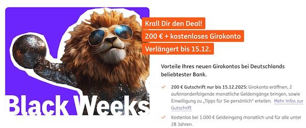 🔥 ING kostenloses Girokonto + kostenlose VISA + 200€ Prämie - bis 15.12. verlängert! 🔥 ING kostenloses Girokonto + kostenlose VISA + 200€ Prämie bis 15.12. verlängert!
